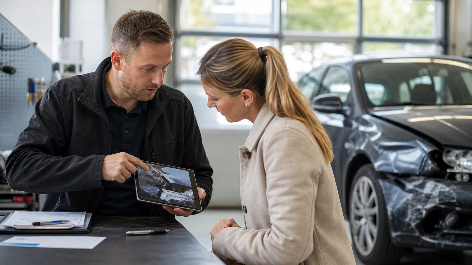Kfz-Gutachter erklärt einer Autofahrerin die Schadenunterlagen zur fiktiven Abrechnung