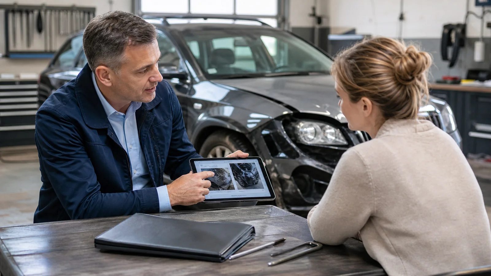 Kfz-Gutachter vergleicht Gutachten und Kostenvoranschlag an einem beschädigten Auto