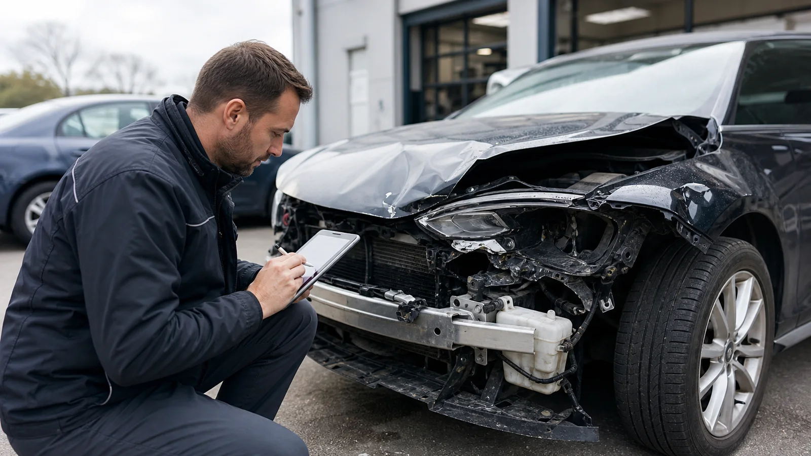 Kfz-Gutachter prüft ein stark beschädigtes Auto für die Totalschadenbewertung